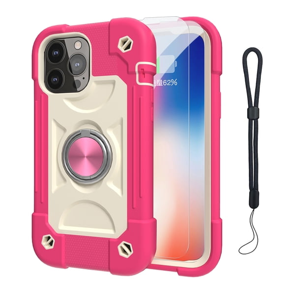 Dteck for iPhone 13 Case with Screen Protector (2 Packs), 360°Rotate Ring Stand Military Grade Drop Protection Full Body Cute Case with Wrist Strap for iPhone 13,Rose