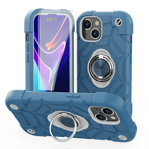 Dteck for iPhone 13 Case with Screen Protector (2 Packs), Military Grade Drop Protection Shockproof Protective Phone Case with Rotating Ring Stand for iPhone 13,Blue+White
