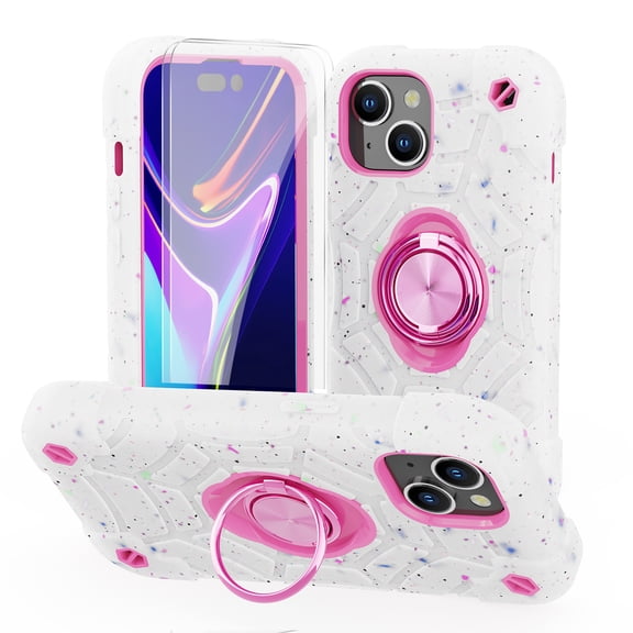 Dteck for iPhone 13 Case with Screen Protector (2 Packs), Military Grade Drop Protection Shockproof Protective Phone Case with Rotating Ring Stand for iPhone 13,White+Pink