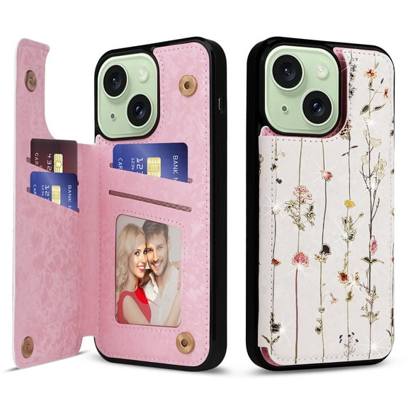 Dteck for iPhone 13 Case Wallet with Card Holder,RFID Blocking PU Leather Floral Flower Pattern Flip Folio Kickstand Case with Double Magnetic Clasp,Dried Flower