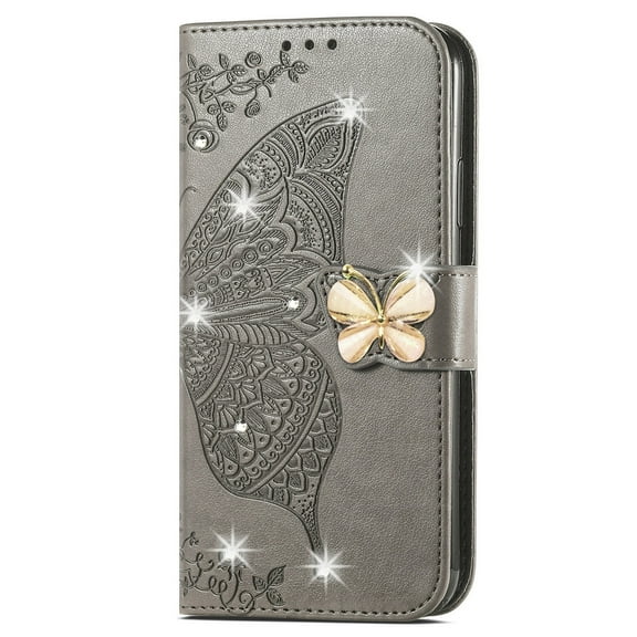 Dteck for iPhone 13 Case Wallet for Women, Flip Folio Cover with Butterfly Embossed Diamond PU Leathe Stand Card Holder Protective Case with Wrist Strap,Gray