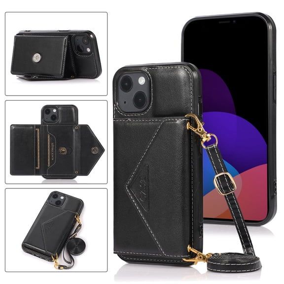 Dteck for iPhone 13 Crossbody Wallet Case, PU Leather Phone Case with Card Holder Shoulder Strap Purse Cover for Women Men Compatible with iPhone 13,Black