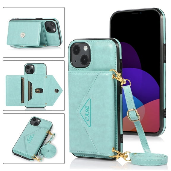 Dteck for iPhone 13 Crossbody Wallet Case, PU Leather Phone Case with Card Holder Shoulder Strap Purse Cover for Women Men Compatible with iPhone 13,Mint