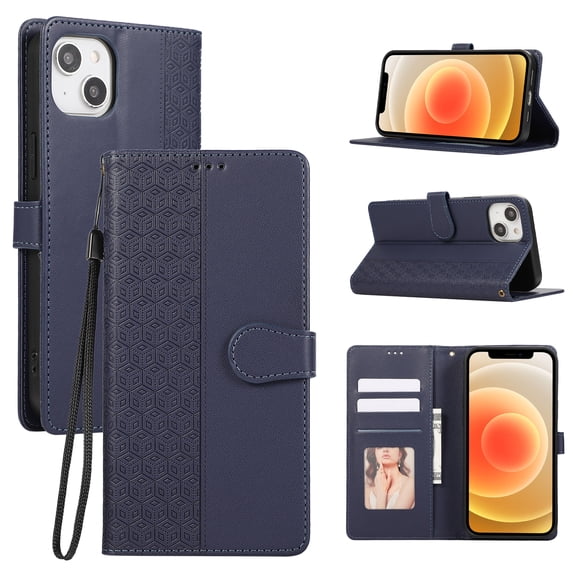 Dteck for iPhone 13 Flip Wallet Case,Magnetic Leather Card Slots Pattern Case Shockproof TPU Kickstand Full Body Protection Cover with Wrist Strap for iPhone 13,Blue