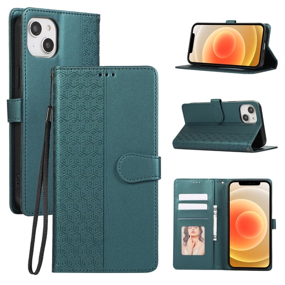 Dteck for iPhone 13 Flip Wallet Case,Magnetic Leather Card Slots Pattern Case Shockproof TPU Kickstand Full Body Protection Cover with Wrist Strap for iPhone 13,Green