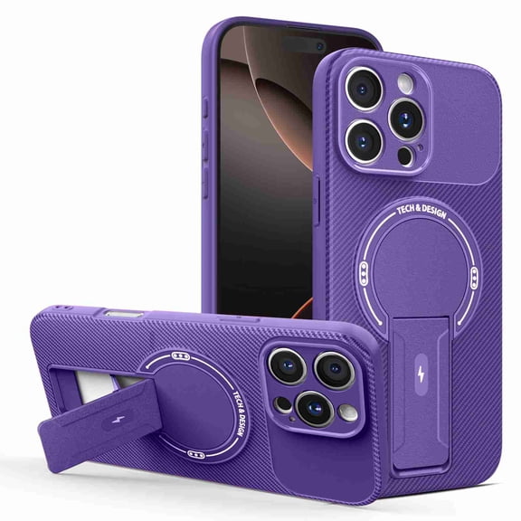 Dteck for iPhone 13 with Invisible Stand, Magnetic Military-Grade Shockproof Carbon Fiber Texture Protection Slim Hard Luxury Phone Case for Women Men, Purple