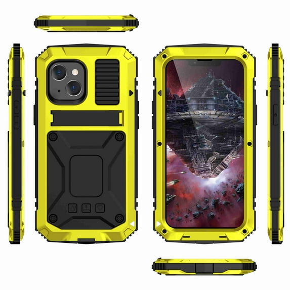 Dteck iPhone 13 Metal case with Kickstand Screen Protector Case Sturdy Military Armor Durable Full Body Heavy Duty Shockproof Drop Tested Outdoor Case for iPhone 13 (Yellow)