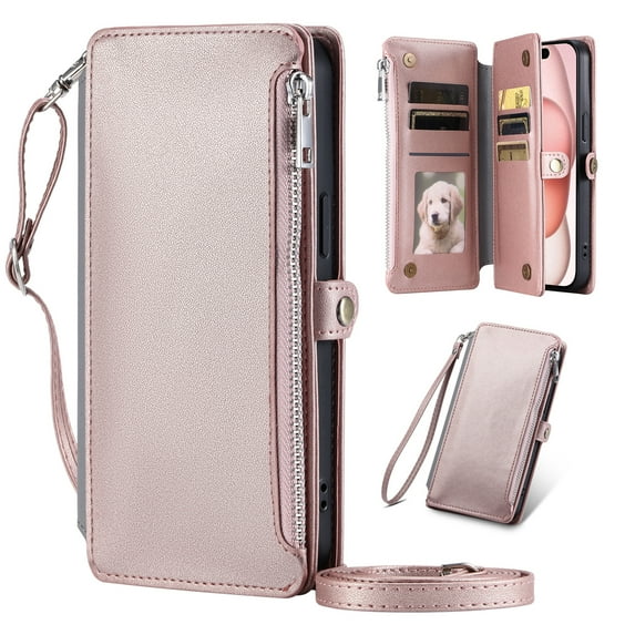 Dteck for iPhone 13 Mini Wallet Case, Crossbody Zipper Purse with Wrist for Women Men, 8-Card Slots Holder PU Leather Kickstand Flip Cover Phone Case,Rosegold