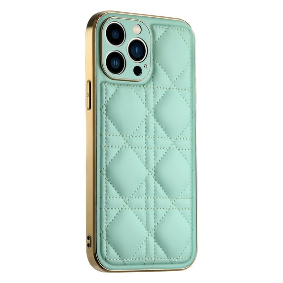 Dteck for iPhone 13 Pro 6.1 Inch PU Leather Electroplated Case, Lattice Plaid Pattern High Quality Leather Soft TPU Hard PC Shockproof Lens Protective Phone Case Cover for iPhone 13 Pro, Lightgreen