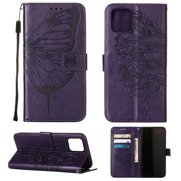 Dteck iPhone 13 Pro Case, Butterfly Patterned Wallet Case, Magnetic Hand Strap Credit Card Holder Slots Synthetic Leather Kickstand Protective Cover For iPhone 13 Pro, Purple