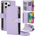 thumbnail image 1 of Dteck for iPhone 13 Pro Case, Crossbody Shoulder Strap RFID Blocking Shockproof Magnetic Closure Flip Stand Card Slot Wallet Zipper Lanyard Phone Case Cover, Purple, 1 of 11