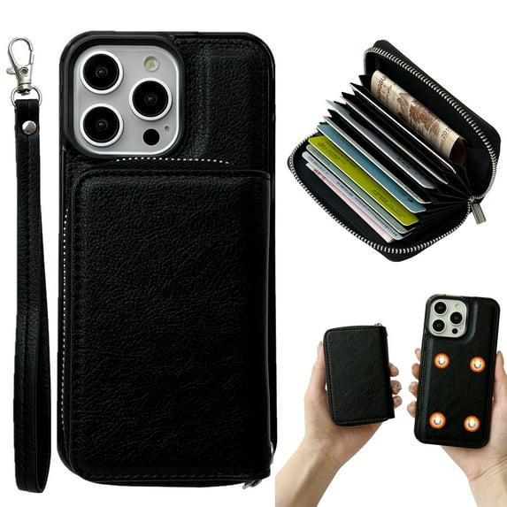 Dteck for iPhone 13 Pro Case Detachable Wallet Case with 11-Card Holder, 2 in 1 PU Leather Zipper Purse with Wristlet for Women Men, Durable Shockproof Phone Cover for iPhone 13 Pro,Black