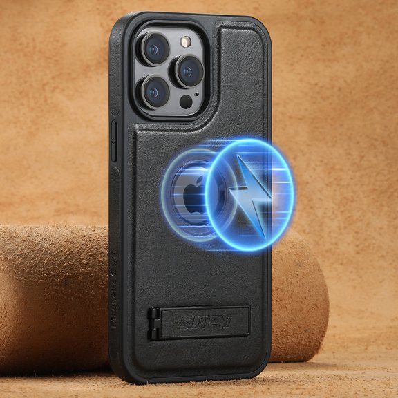 Dteck for iPhone 13 Pro Case, iPhone 13 Pro Magnetic Case Compatible with MaSafe Wireless Charging, Slim Retro Leather Logo View Shockproof Protective Cover with Invisible Stand, Black