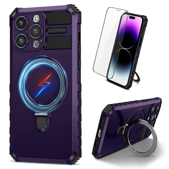 Dteck for iPhone 13 Pro Case with Magnetic Invisible Stand, Compatible with MagSafe, Glass Screen Protector + Camera Protector Shockproof Rugged Case Cover for iPhone 13 Pro,Purple