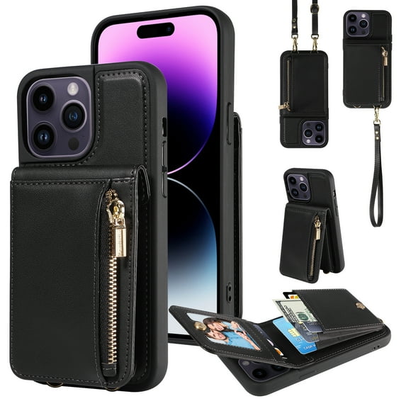 Dteck for iPhone 13 Pro Case with RFID Blocking Card Holder, iPhone 13 Pro Crossbody Wallet Case Shockproof Purse PU Leather Protective Back Cover,Black