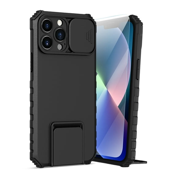 Dteck for iPhone 13 Pro Case with Screen Protector, Slide Camera Protector Phone Case with Built-in Stand Shockproof Rugged Bumper for iPhone 13 Pro,Black