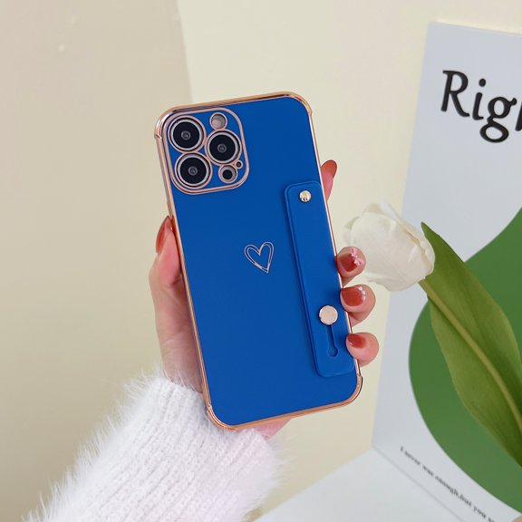Dteck for iPhone 13 Pro Case with Strap Luxury Love Heart Plating Gold Bumper Phone Cover Wristband Kickstand Full Body Protective Slim Case for  iPhone 13 Pro,Darkblue