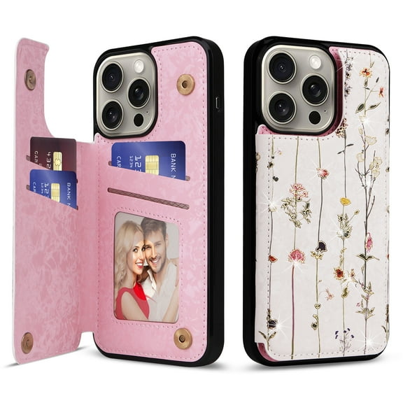 Dteck for iPhone 13 Pro Case Wallet with Card Holder,RFID Blocking PU Leather Floral Flower Pattern Flip Folio Kickstand Case with Double Magnetic Clasp,Dried Flower