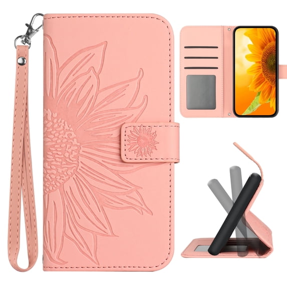 Dteck for iPhone 13 Pro Case Wallet for Women Men Durable Embossed PU Leather Magnetic Folio Flip Stand Wrist Strap Card Holder Shockproof Phone Case,Pink