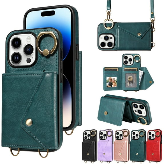Dteck for iPhone 13 Pro Crossbody Wallet Case with Credit Card Holder 360°Rotating Ring Holder Kickstand, Premium PU Leather Shockproof Protective Phone Cover with Lanyard Strap for Women Men,Green