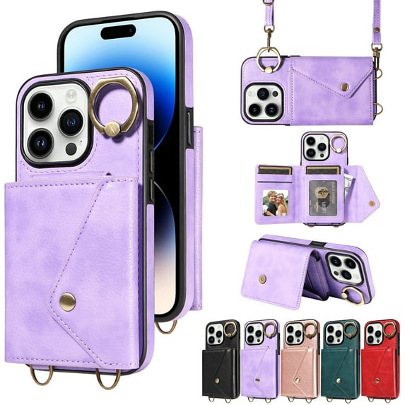 Dteck for iPhone 13 Pro Crossbody Wallet Case with Credit Card Holder 360°Rotating Ring Holder Kickstand, Premium PU Leather Shockproof Protective Phone Cover with Lanyard Strap for Women Men,Purple