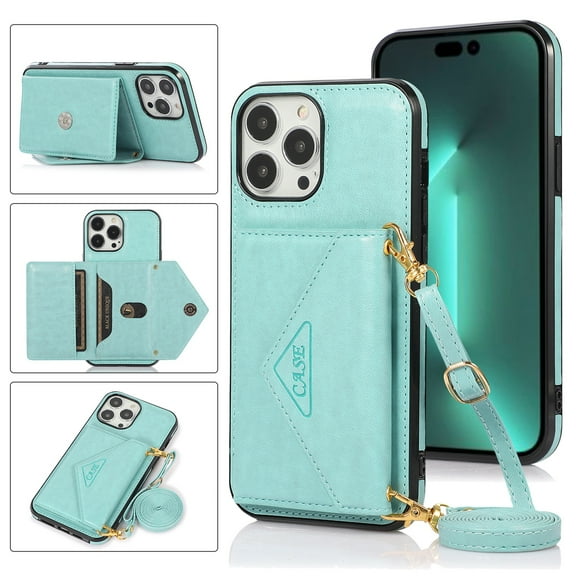 Dteck for iPhone 13 Pro Crossbody Wallet Case, PU Leather Phone Case with Card Holder Shoulder Strap Purse Cover for Women Men Compatible with iPhone 13 Pro,Mint