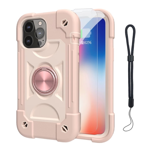 Dteck for iPhone 13 Pro Mac Case with Screen Protector (2 Packs), 360°Rotate Ring Stand Military Grade Drop Protection Full Body Cute Case for iPhone 13 Pro Max,Rosegold