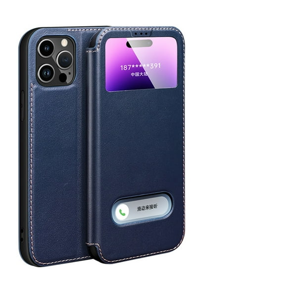 Dteck iPhone 13 Pro Max Case (6.7 inch 2021 Release),Vintage PU Leather Surface Flip Kickstand [Perspective Window] Rugged Ant-drop PC Backplane Shpckproof Comprehensive Case iPhone 13 Pro Max,Blue