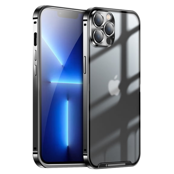 Dteck iPhone 13 Pro Max Case with Buckle Safety Lock, Slim Metal Bumper Frame with Matte Clear PC Back Cover, Camera Lens Full Cover for iPhone 13 Pro Max, Black