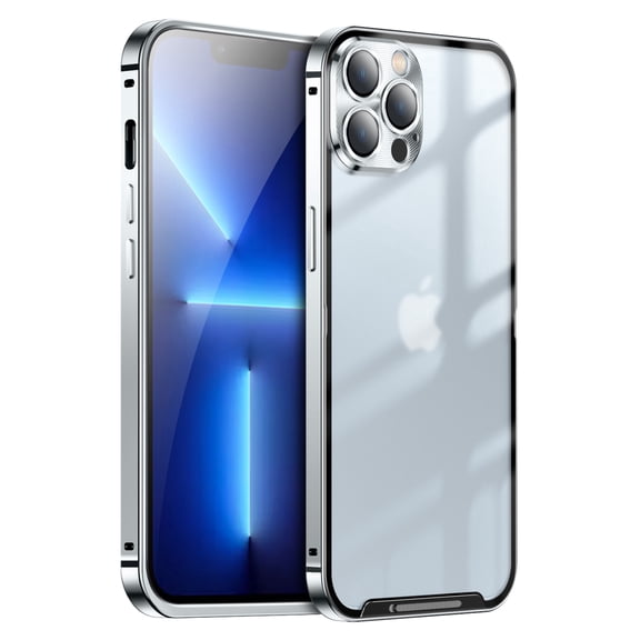 Dteck iPhone 13 Pro Max Case with Buckle Safety Lock, Slim Metal Bumper Frame with Matte Clear PC Back Cover, Camera Lens Full Cover for iPhone 13 Pro Max, Silver