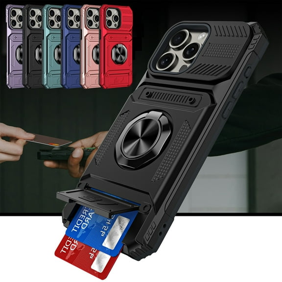 Dteck for iPhone 13 Pro Max Case with Card Holder (2 Cards) & Kickstand Ring Holder, Military Grade Drop Protection Rugged Hard Phone Case for iPhone 13 Pro Max, Working with Magnetic Car Mount,Black