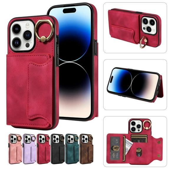 Dteck for iPhone 13 Pro Max Case with Card Holder, Retro PU Leather Wallet Case with Rotating Ring Kickstand, Slim Back Protective Cover Case for iPhone 13 Pro Max,Red