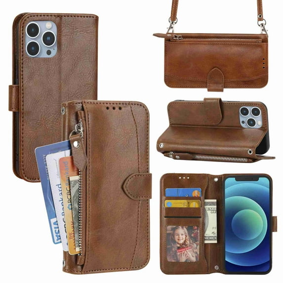 Dteck for iPhone 13 Pro Max Case with Card Holder,Zipper Sleek Leather Phone Case with Wallet&Shoulder Strap Flip Magnetic Kickstand Case for iPhone 13 Pro Max, Brown