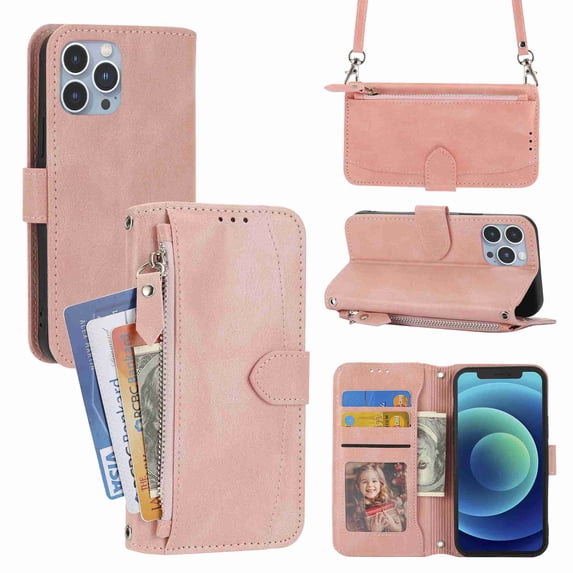 Dteck for iPhone 13 Pro Max Case with Card Holder,Zipper Sleek Leather Phone Case with Wallet&Shoulder Strap Flip Magnetic Kickstand Case for iPhone 13 Pro Max, Pink