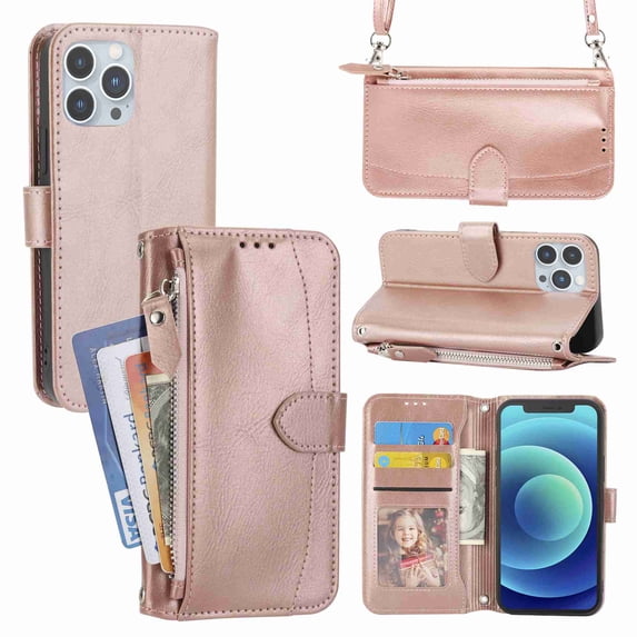 Dteck for iPhone 13 Pro Max Case with Card Holder,Zipper Sleek Leather Phone Case with Wallet&Shoulder Strap Flip Magnetic Kickstand Case for iPhone 13 Pro Max, Rosegold