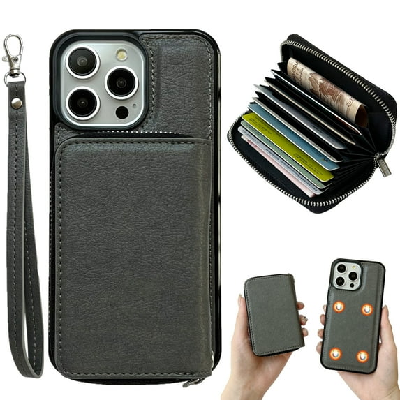 Dteck for iPhone 13 Pro Max Case Detachable Wallet Case with 11-Card Holder, 2 in 1 PU Leather Zipper Purse with Wristlet for Women Men, Durable Shockproof Phone Cover for iPhone 13 Pro Max,Gray