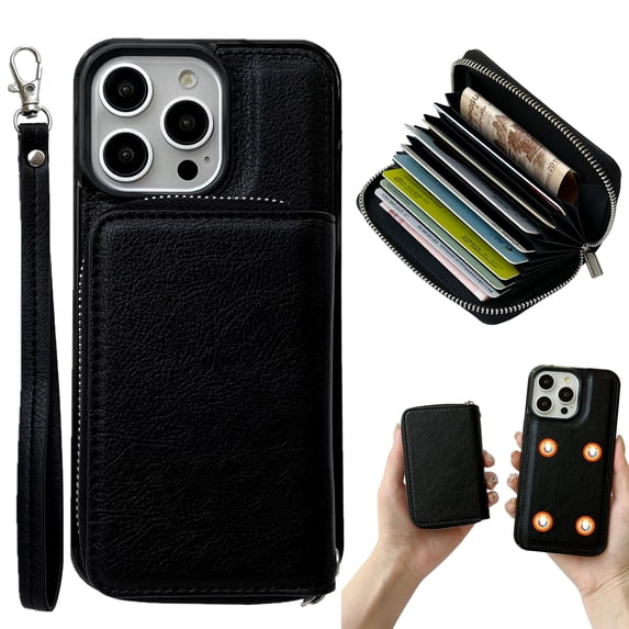 Dteck for iPhone 13 Pro Max Case Detachable Wallet Case with 11-Card Holder, 2 in 1 PU Leather Zipper Purse with Wristlet for Women Men, Durable Shockproof Phone Cover for iPhone 13 Pro Max,Black
