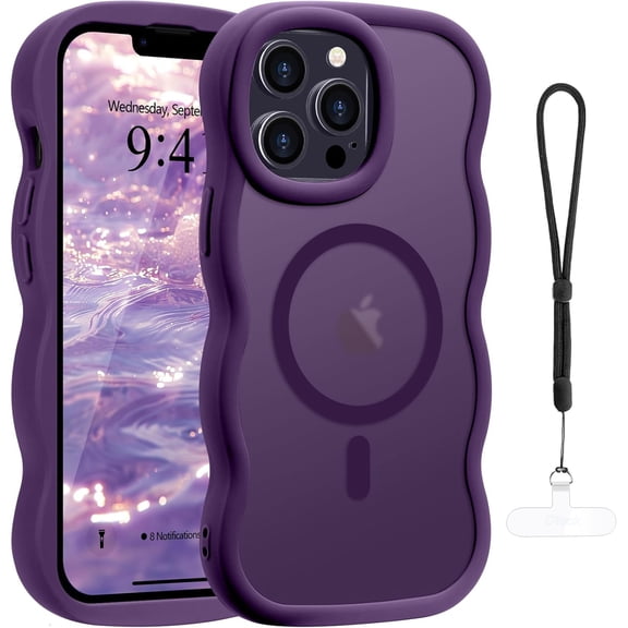 Dteck for iPhone 13 Pro Max Case with Lanyard, Curly Wavy Frame Translucent Frosted Back Cover for Women Men Compatible with Magsafe TPU Bumper Shockproof Phone Case for iPhone 13 Pro Max,Purple