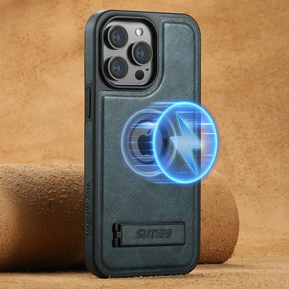 Dteck for iPhone 13 Pro Max Case, iPhone 13 Pro Max Magnetic Case Compatible with MaSafe Wireless Charging, Slim Retro Leather Logo View Shockproof Protective Cover with Invisible Stand, Blue