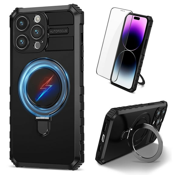 Dteck for iPhone 13 Pro Max Case with Magnetic Invisible Stand, Compatible with MagSafe, Glass Screen Protector + Camera Protector Shockproof Rugged Case Cover for iPhone 13 Pro Max,Black