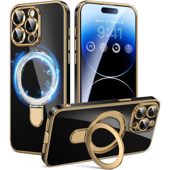 Dteck for iPhone 13 Pro Max Case with Magnetic Ring Stand, Compatible with MagSafe, Full Camera Lens Protection, Luxury Plating Slim Cover 13 Pro Max Phone Cases for Women Men,Solid Black