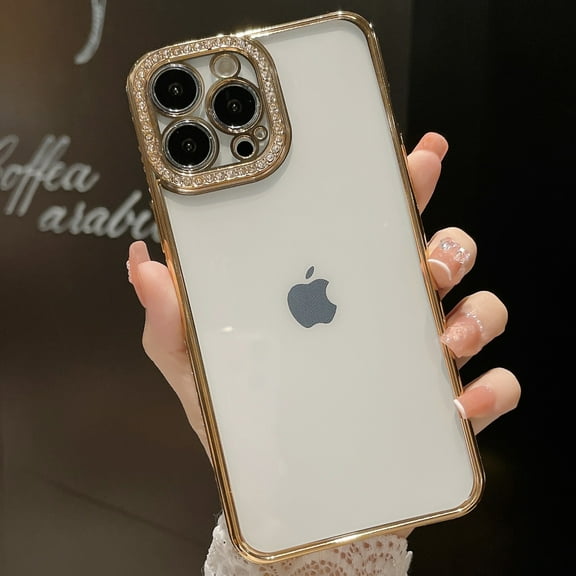 Dteck iPhone 13 Pro Max Case, Rhinestone Bling Diamond Lens Protector Sparkle Shiny Bumper Plating Clear Phone Case for iPhone 13 Pro Max,Gold