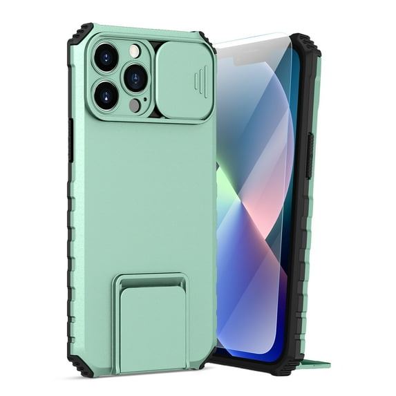 Dteck for iPhone 13 Pro Max Case with Screen Protector, Slide Camera Protector Phone Case with Built-in Stand Shockproof Rugged Bumper for iPhone 13 Pro Max,Mint