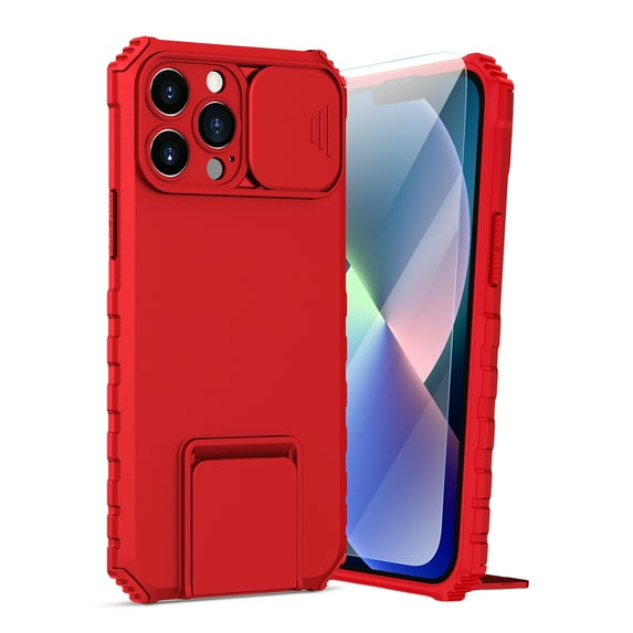 Dteck for iPhone 13 Pro Max Case with Screen Protector, Slide Camera Protector Phone Case with Built-in Stand Shockproof Rugged Bumper for iPhone 13 Pro Max,Red