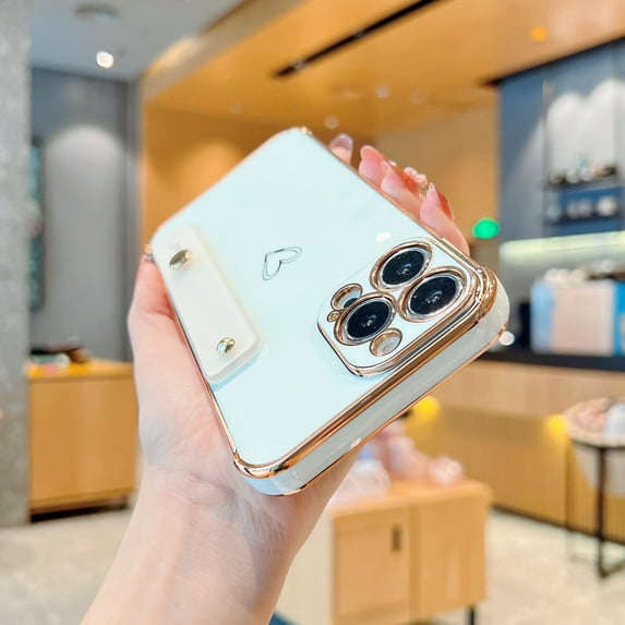 Dteck for iPhone 13 Pro Max Case with Strap Luxury Love Heart Plating Gold Bumper Phone Cover Wristband Kickstand Full Body Protective Slim Case for Women,White