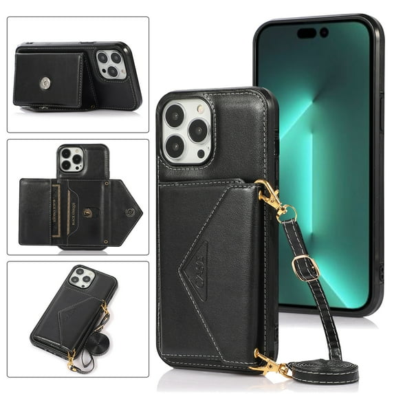 Dteck for iPhone 13 Pro Max Crossbody Wallet Case, PU Leather Phone Case with Card Holder Shoulder Strap Purse Cover for Women Men Compatible with iPhone 13 Pro Max,Black
