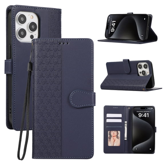 Dteck for iPhone 13 Pro Max Flip Wallet Case,Magnetic Leather Card Slots Pattern Case Shockproof TPU Kickstand Full Body Protection Cover with Wrist Strap for iPhone 13 Pro Max,Blue
