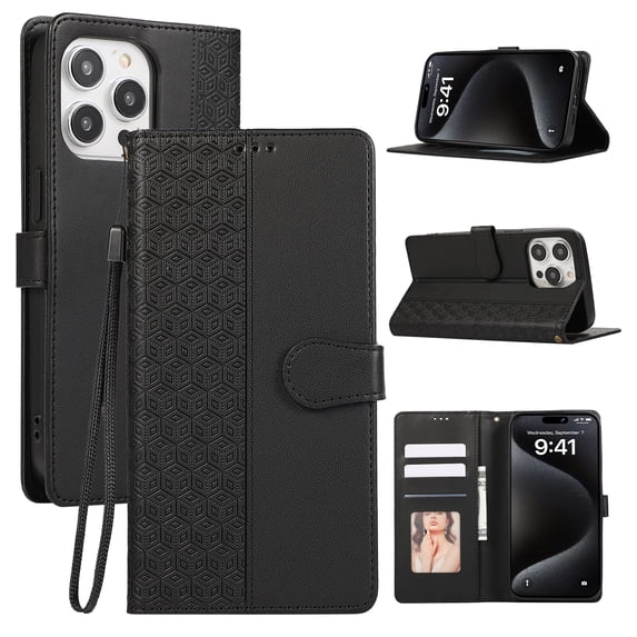Dteck for iPhone 13 Pro Max Flip Wallet Case,Magnetic Leather Card Slots Pattern Case Shockproof TPU Kickstand Full Body Protection Cover with Wrist Strap for iPhone 13 Pro Max,Black