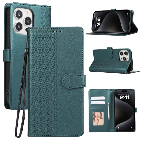 Dteck for iPhone 13 Pro Max Flip Wallet Case,Magnetic Leather Card Slots Pattern Case Shockproof TPU Kickstand Full Body Protection Cover with Wrist Strap for iPhone 13 Pro Max,Green