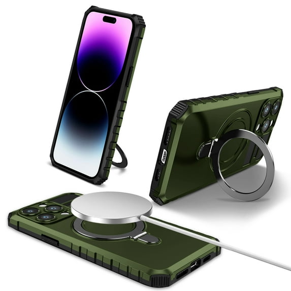 Dteck for iPhone 13 Pro Max Rugged Case, Magnetic Invisible Stand Military Drop Protection Cover, Compatible with MagSafe Shockproof Slim Matte Ring Holder Hard Phone Case for Men Women, darkgreen